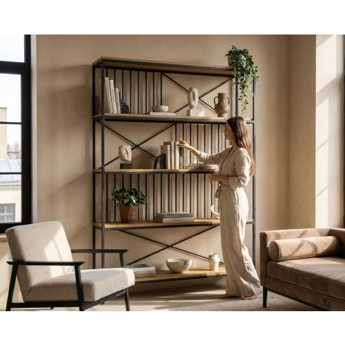 REGAŁ NA KSIĄŻKI METALOWE DREWNO LITE DĄB JESION OLCHA RNK-113